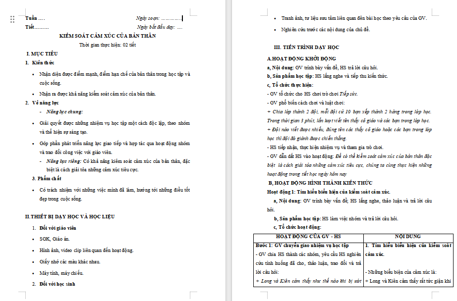 Giáo án HĐTN 7 Bài 2: Kiểm soát cảm xúc của bản thân