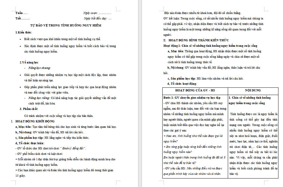 Giáo án HĐTN 7 Bài 2: Tự bảo vệ trong tình huống nguy hiểm