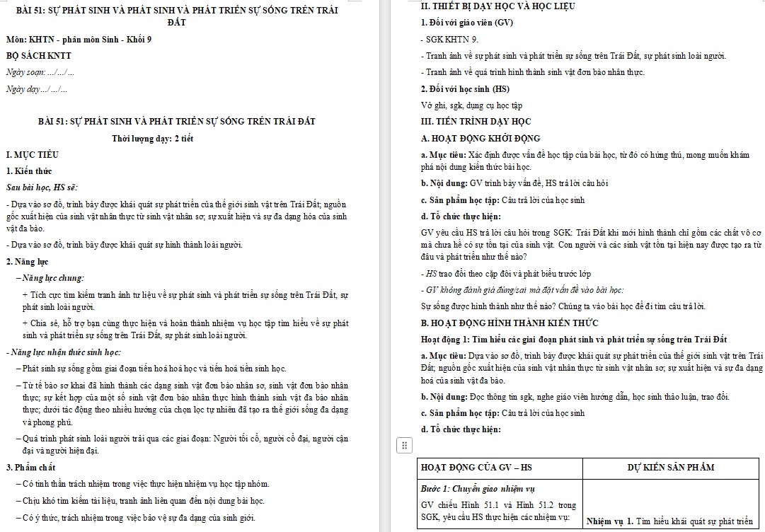 Giáo án Sinh học 9 KNTT Bài 51