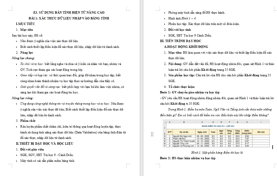 Giáo án Tin học 9 Xác thực dữ liệu nhập vào bảng tính