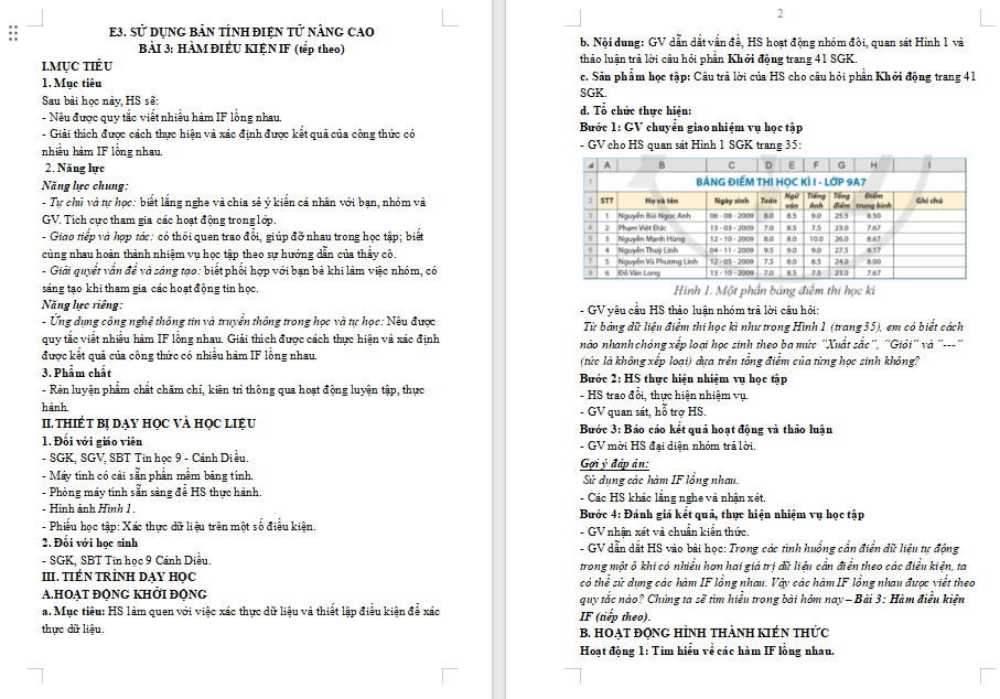 Giáo án Tin học 9 Bài 3: Hàm điều kiện IF tiếp theo