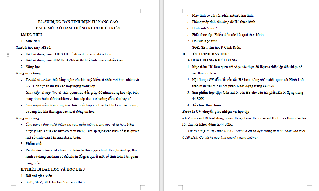 Giáo án Tin học 9 Bài 4 Một số hàm thống kê có điều kiện