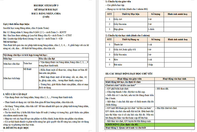 Giáo án STEM Làm bảng nhân, chia tiện ích