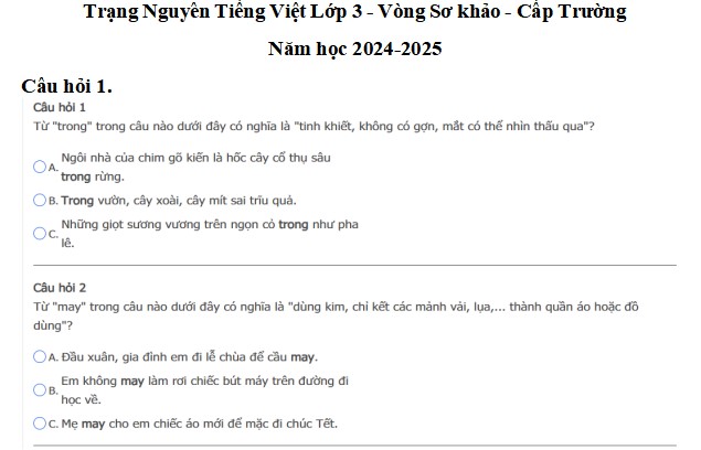 Đề thi Trạng nguyên Tiếng Việt lớp 3 cấp trường