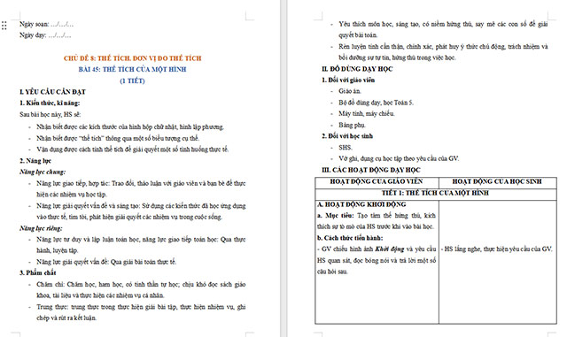 Giáo án Toán 5 Thể tích của một hình
