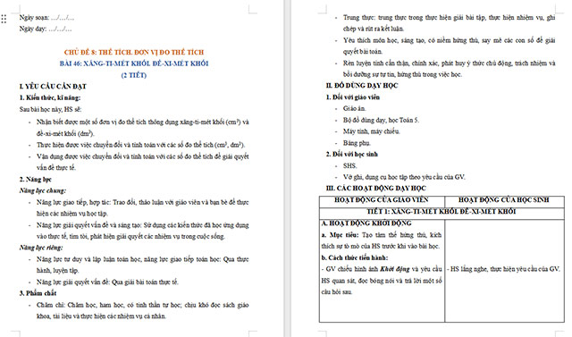 Giáo án Toán 5 Xăng-ti-mét khối, Đề-xi-mét khối