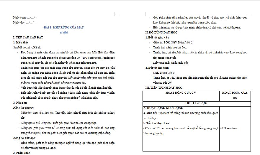 Giáo án Tiếng Việt 5 Khu rừng của Mát