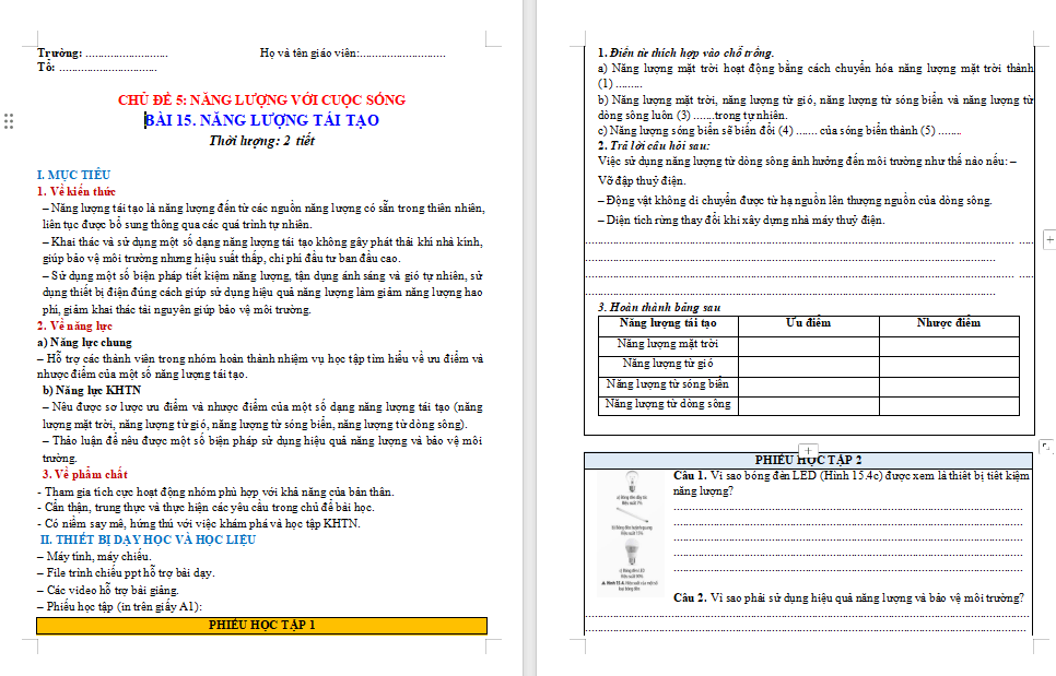Giáo án KHTN 9 Bài 15: Năng lượng tái tạo