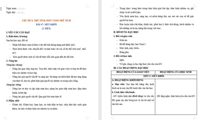 Giáo án Toán 5 Mét khối