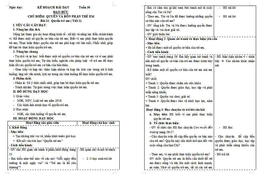 Giáo án Đạo Đức 4 Bài 11: Quyền trẻ em
