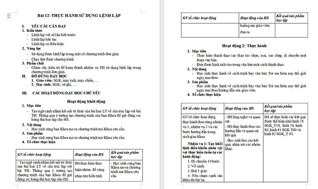 Giáo án Tin học 5 Thực hành sử dụng lệnh lặp