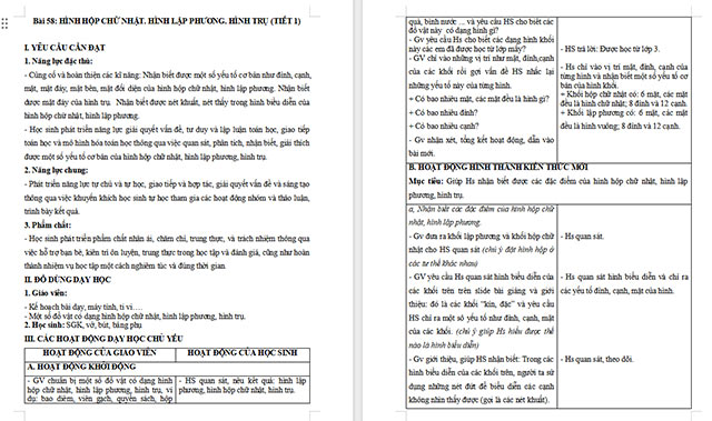 Giáo án Toán 5 Hình hộp chữ nhật, Hình lập phương, Hình trụ