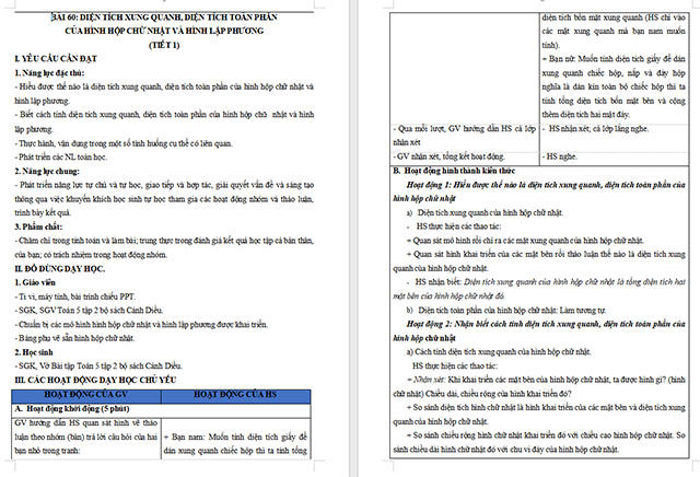 Giáo án Toán 5 Diện tích xung quanh, diện tích toàn phần của hình hộp chữ nhật và hình lập phương