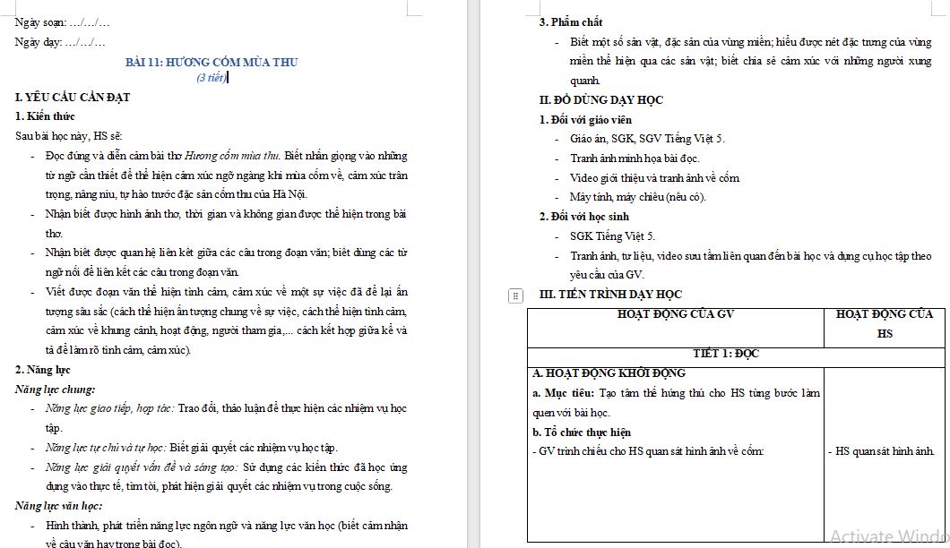 Giáo án Tiếng Việt 5 Hương cốm mùa thu