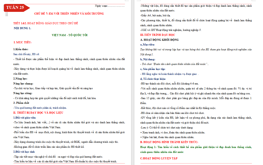    Giáo án HĐTN 9 Bài 1: Việt Nam Tổ quốc tôi 