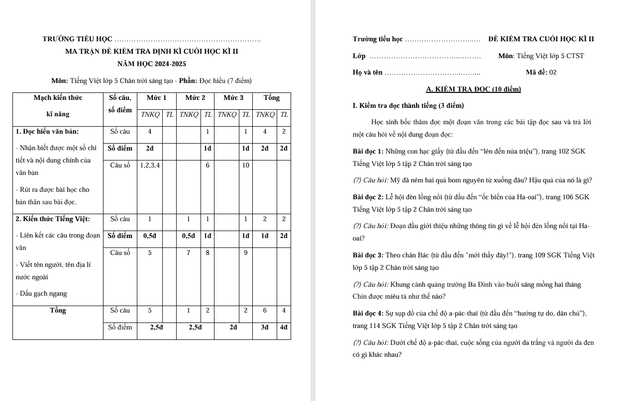 Đề thi cuối học kì 2 môn Tiếng Việt lớp 5 Chân trời sáng tạo