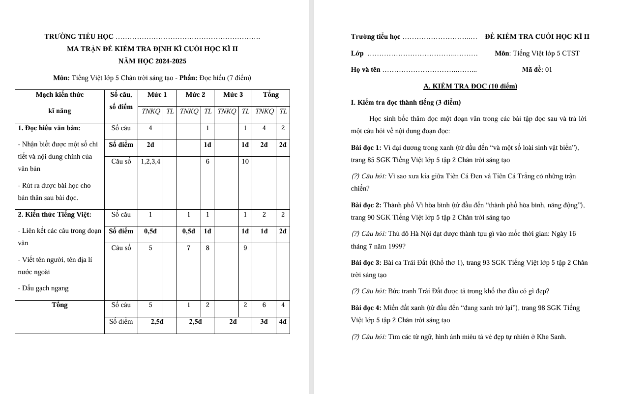 Đề thi cuối học kì 2 môn Tiếng Việt lớp 5 Chân trời sáng tạo