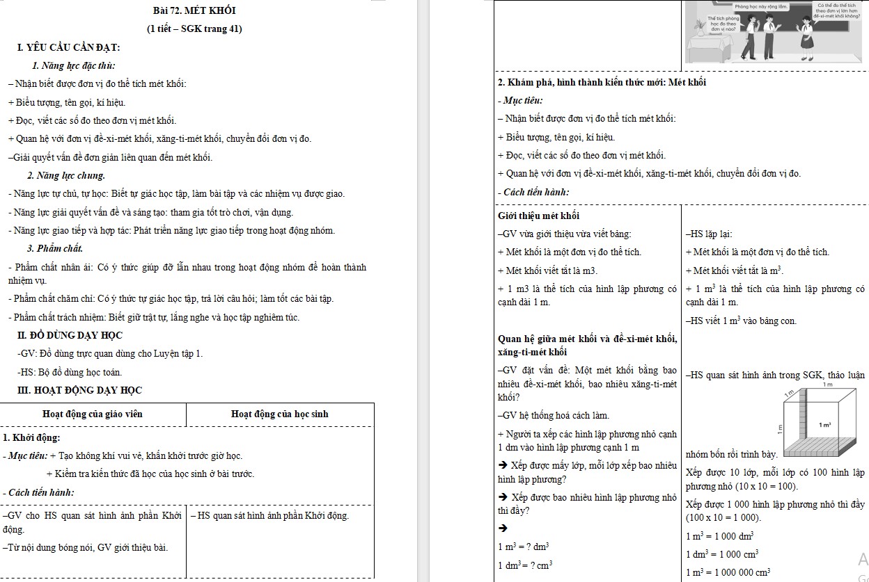 Giáo án Toán 5 CTST Bài Mét khối