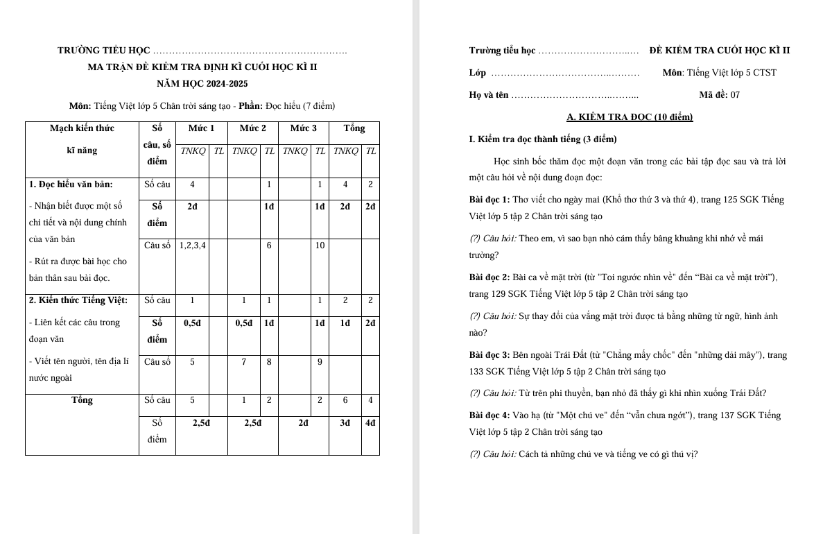 Đề thi cuối học kì 2 môn Tiếng Việt lớp 5 Chân trời sáng tạo