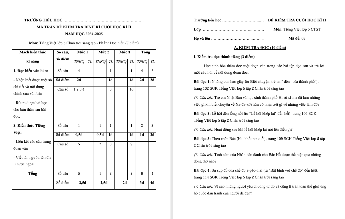 Đề thi cuối học kì 2 môn Tiếng Việt lớp 5 Chân trời sáng tạo