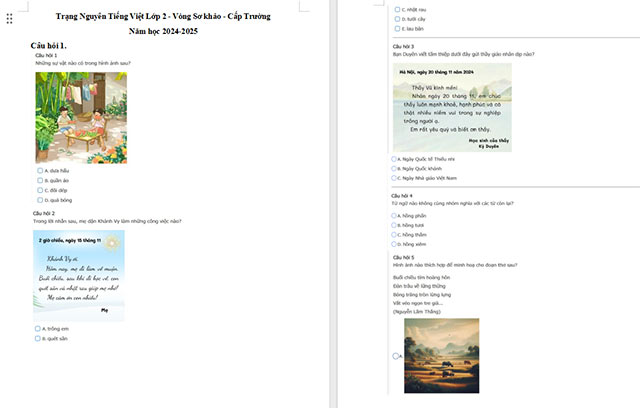 Đề thi Trạng nguyên Tiếng Việt lớp 2 năm 2024 - 2025 cấp trường