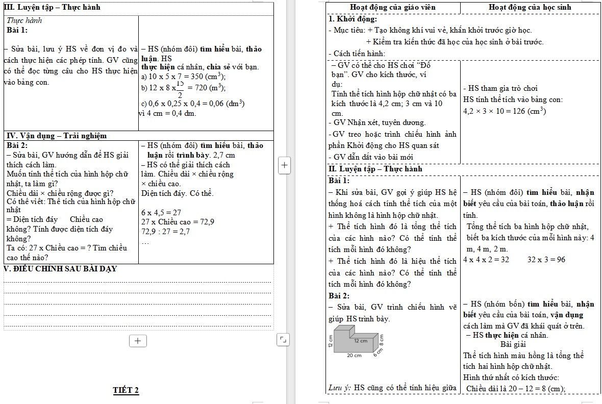 Giáo án Toán 5 CTST Bài Thể tích hình hộp chữ nhật