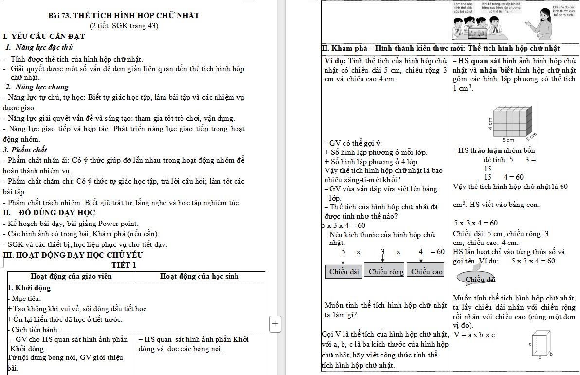 Giáo án Toán 5 CTST Bài Thể tích hình hộp chữ nhật