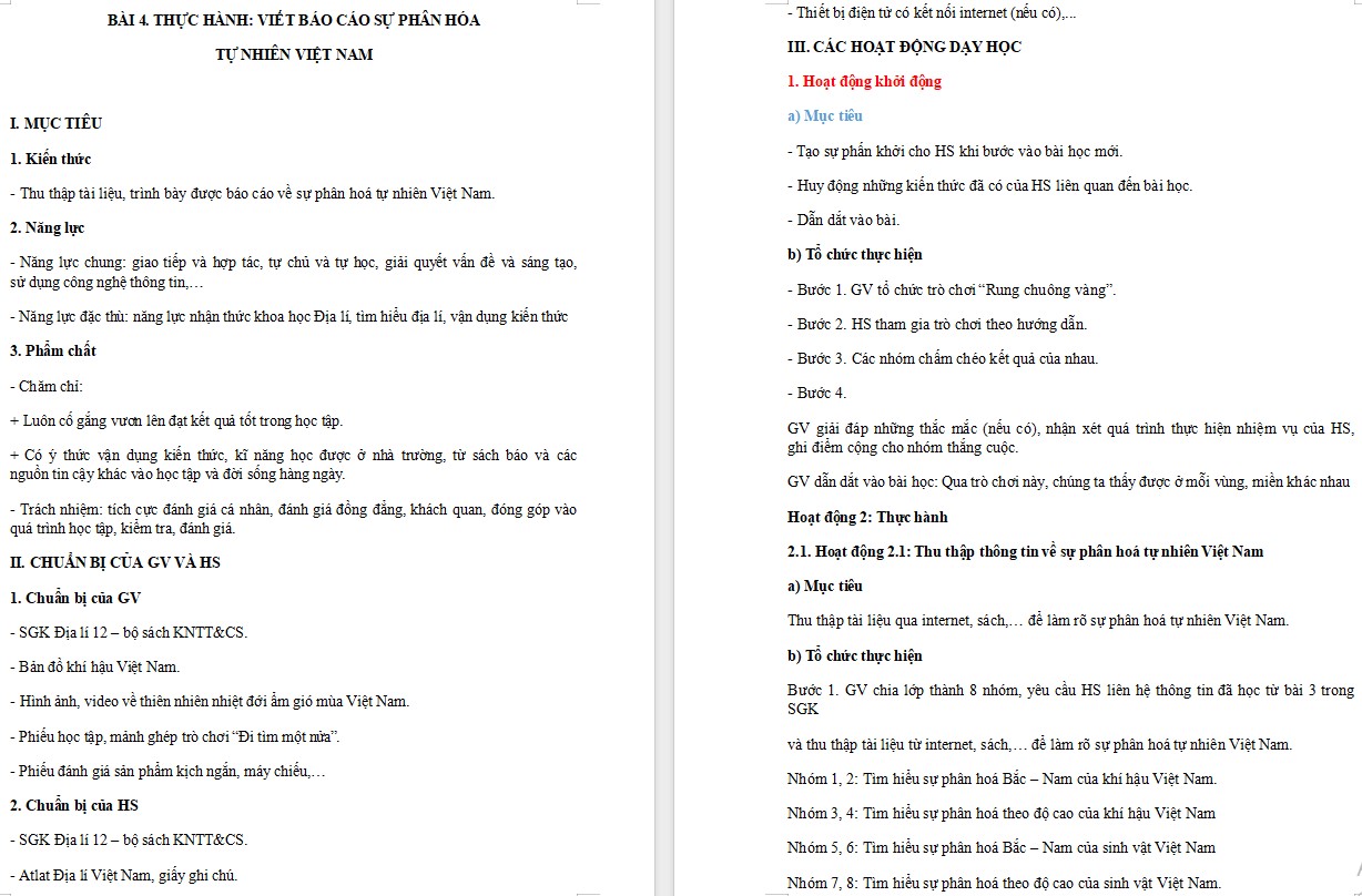 Giáo án Địa lí 12 KNTT Bài Viết báo cáo về sự phân hóa tự nhiên Việt Nam