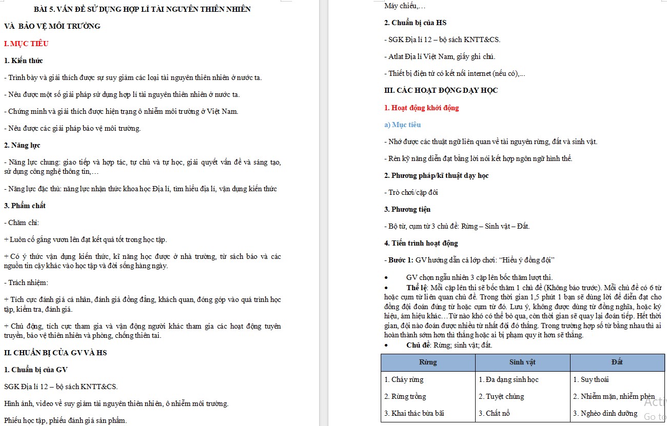 Giáo án Địa lí 12 KNTT Bài Vấn đề sử dụng hợp lí tài nguyên thiên nhiên và bảo vệ môi trường