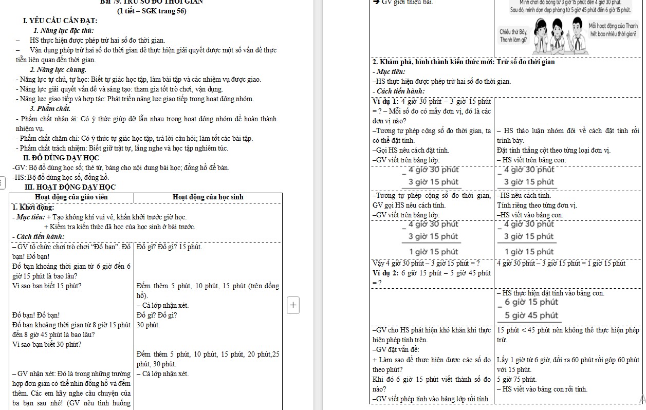 Giáo án Toán 5 CTST Bài Trừ số đo thời gian