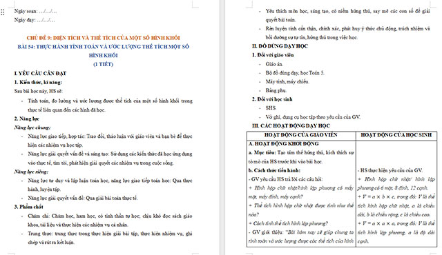 Giáo án Toán 5 Thực hành tính toán và ước lượng thể tích một số hình khối