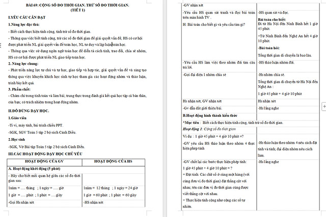 Giáo án Toán 5 Cộng số đo thời gian, trừ số đo thời gian