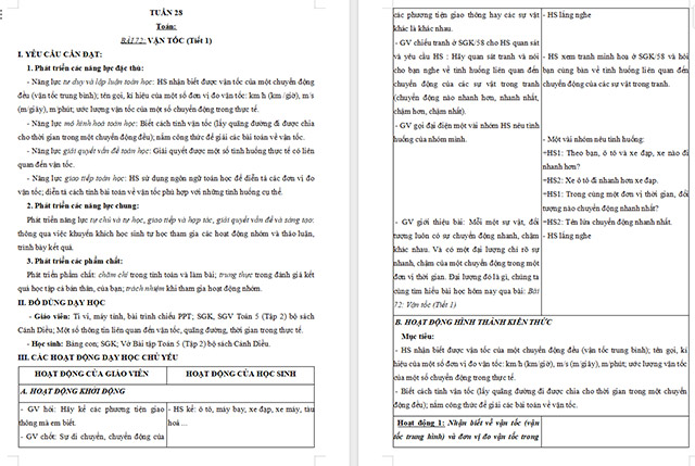 Giáo án Toán 5 Vận tốc