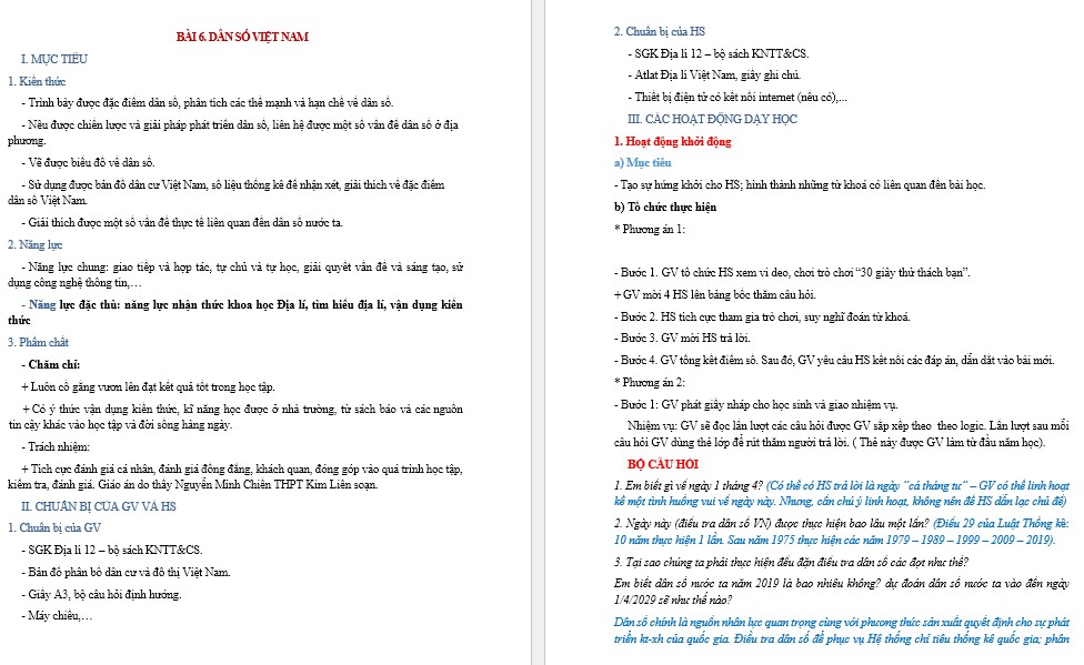 Giáo án Địa lí 12 KNTT Bài Dân số Việt Nam