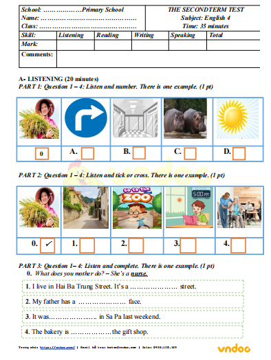 Đề thi học kì 2 lớp 4 môn Tiếng Anh Global Success số 4