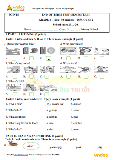 Đề thi Tiếng Anh lớp 3 học kì 2 English Discovery