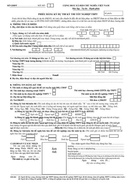 Mẫu phiếu đăng ký dự thi THPT Quốc gia 2025