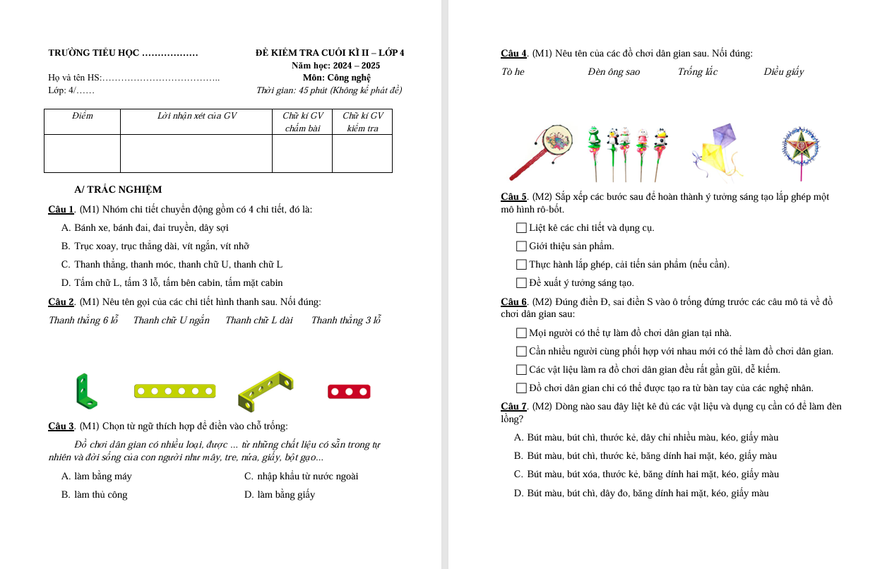 Đề thi cuối học kì 2 lớp 4 môn Công nghệ Có đáp án