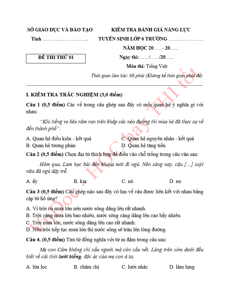Đề thi vào 6 môn Tiếng Việt