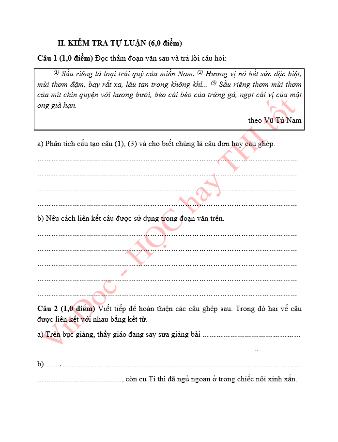 Đề thi thử vào lớp 6 môn Tiếng Việt