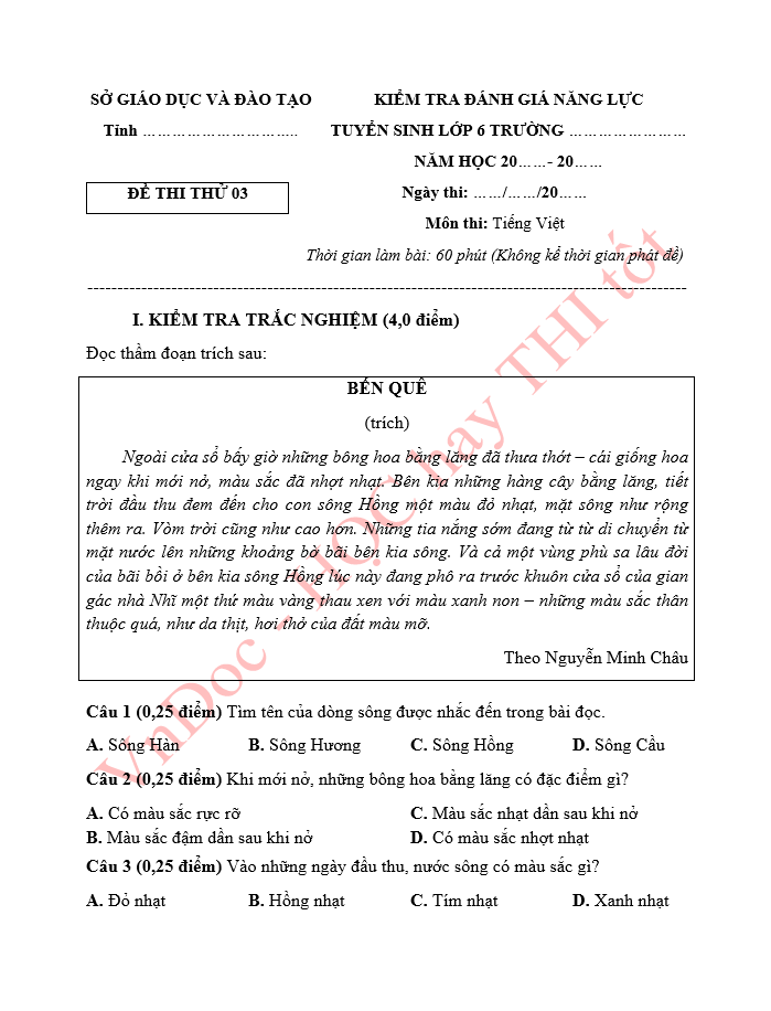 Đề thi thử vào lớp 6 môn Tiếng Việt