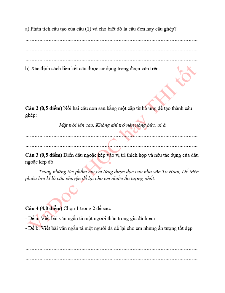 Đề thi thử vào lớp 6 môn Tiếng Việt