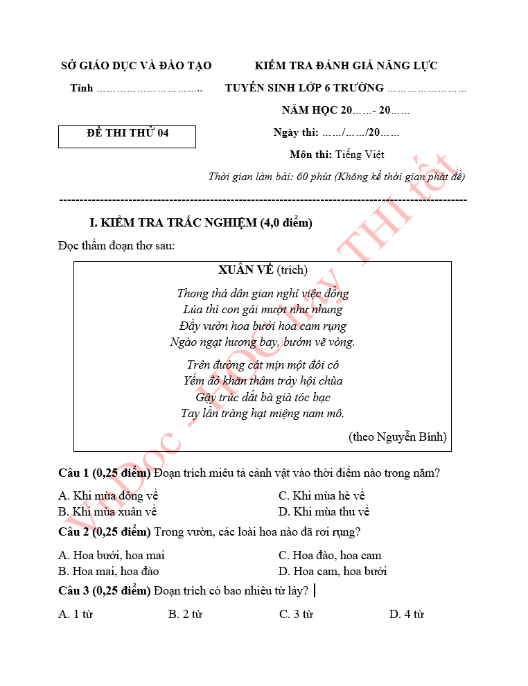 Đề thi thử vào lớp 6 môn Tiếng Việt