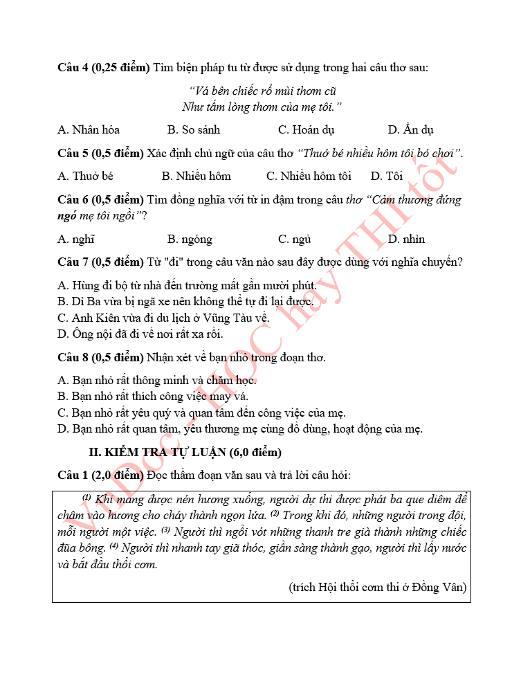 Đề thi thử vào lớp 6 môn Tiếng Việt