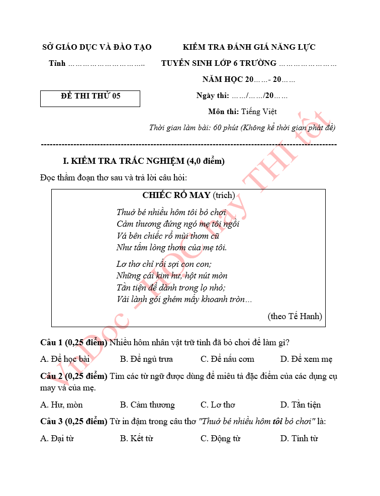 Đề thi thử vào lớp 6 môn Tiếng Việt