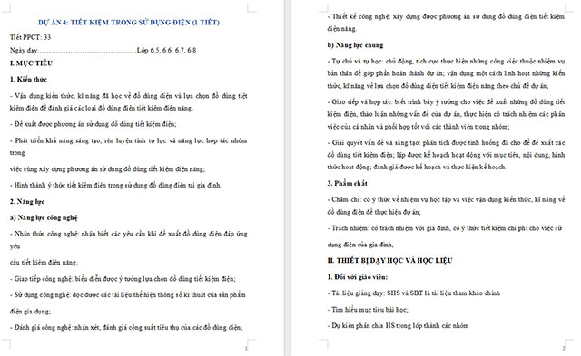 Giáo án Công nghệ 6 Dự án 4: Tiết kiệm trong sử dụng điện
