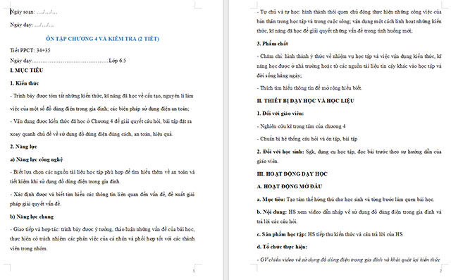 Giáo án Công nghệ 6 Ôn tập Chương 4