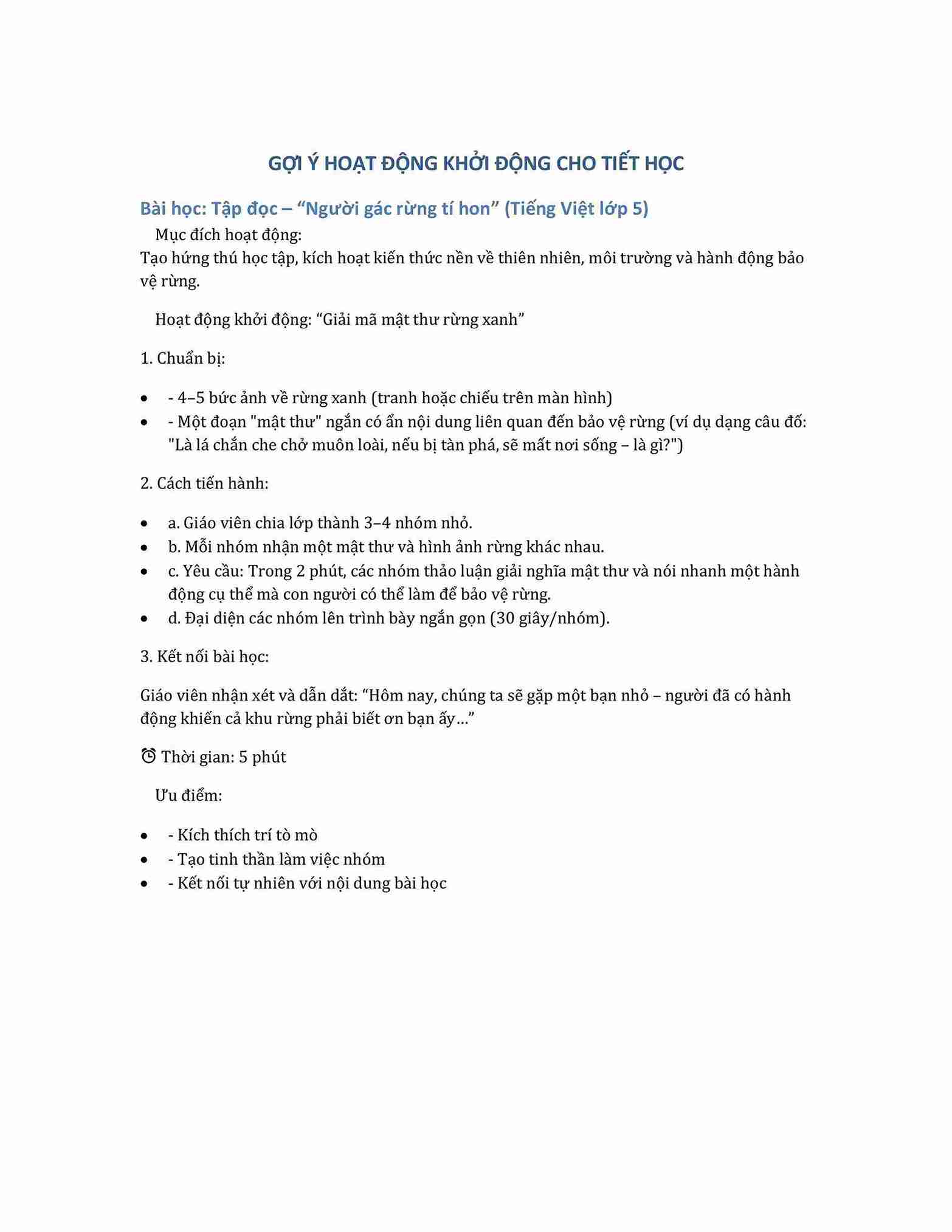 Gợi ý hoạt động khởi động sáng tạo