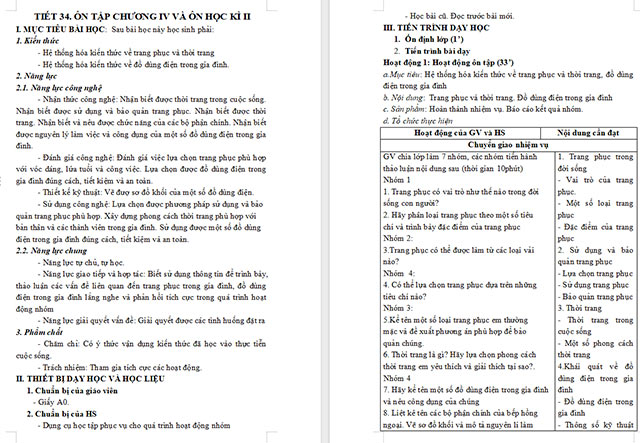 Giáo án Công nghệ 6 Ôn tập Chương IV