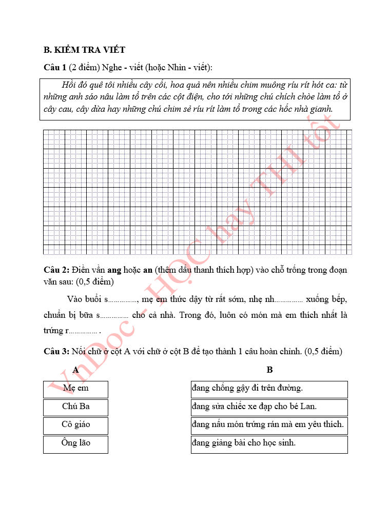 Đề ôn tập hè lớp 1 lên lớp 2 môn Tiếng Việt